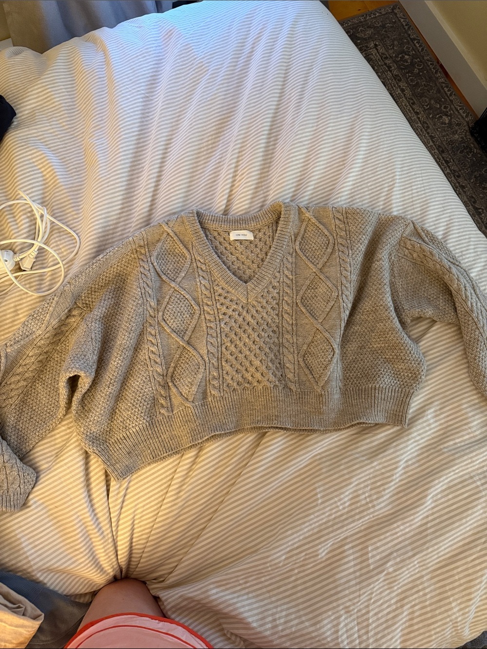 Cropped Taupe Cable Knit V-Neck Sweater